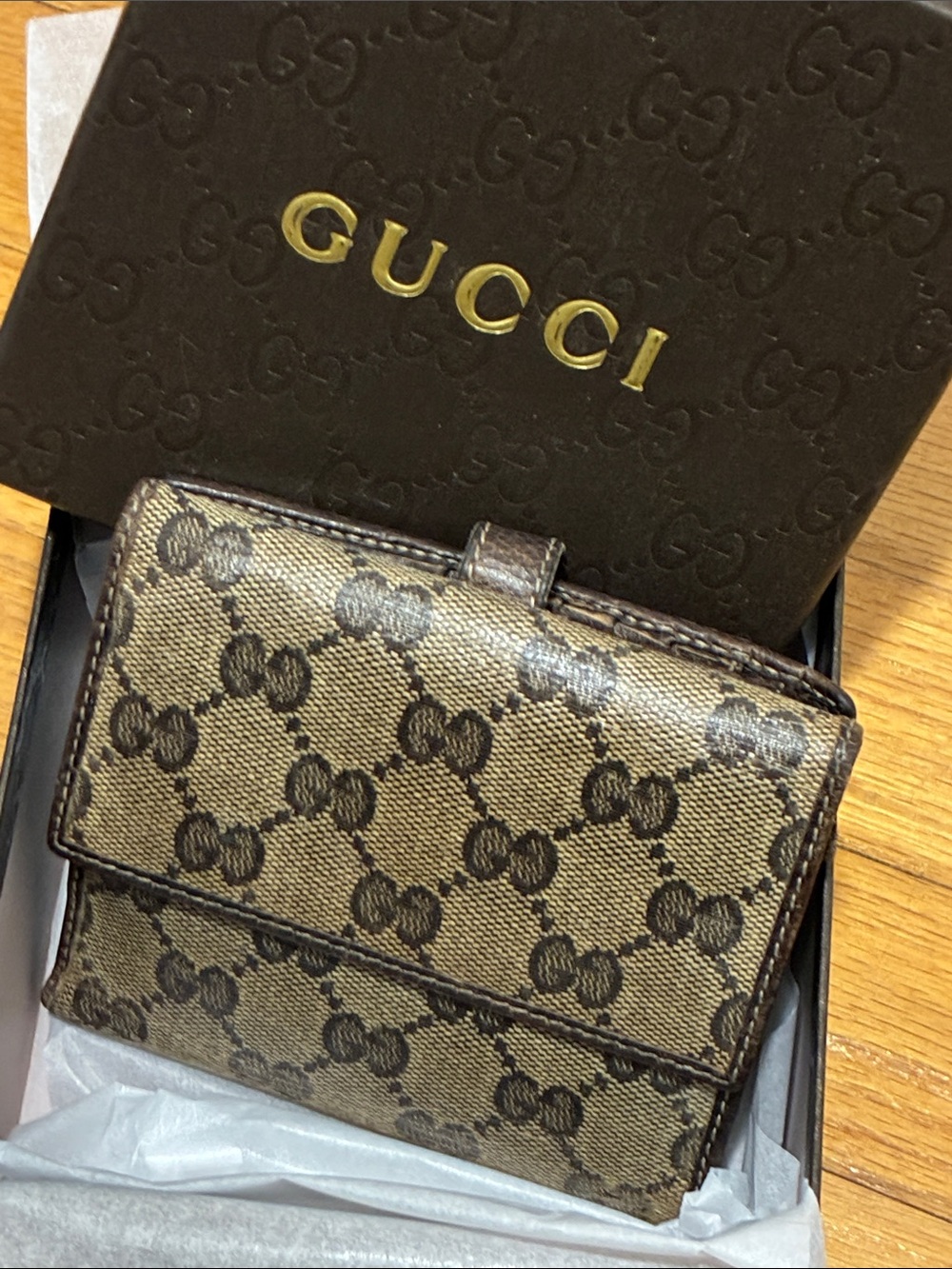 Gucci Beige and Brown Monogram Crystal collection Compact Fold Wallet Authentic